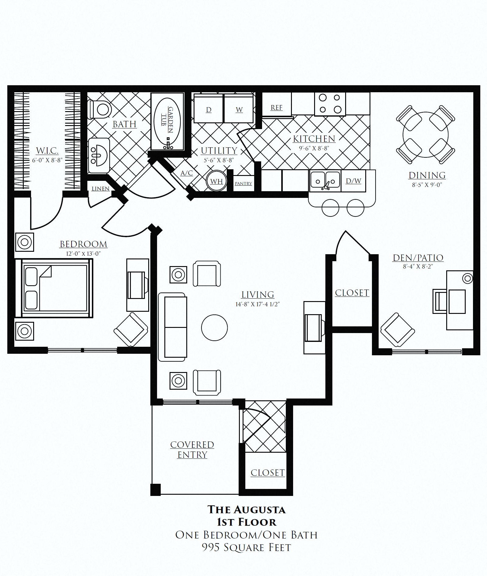 Floor plan for 1 bed, 1 bath, 995 sqft